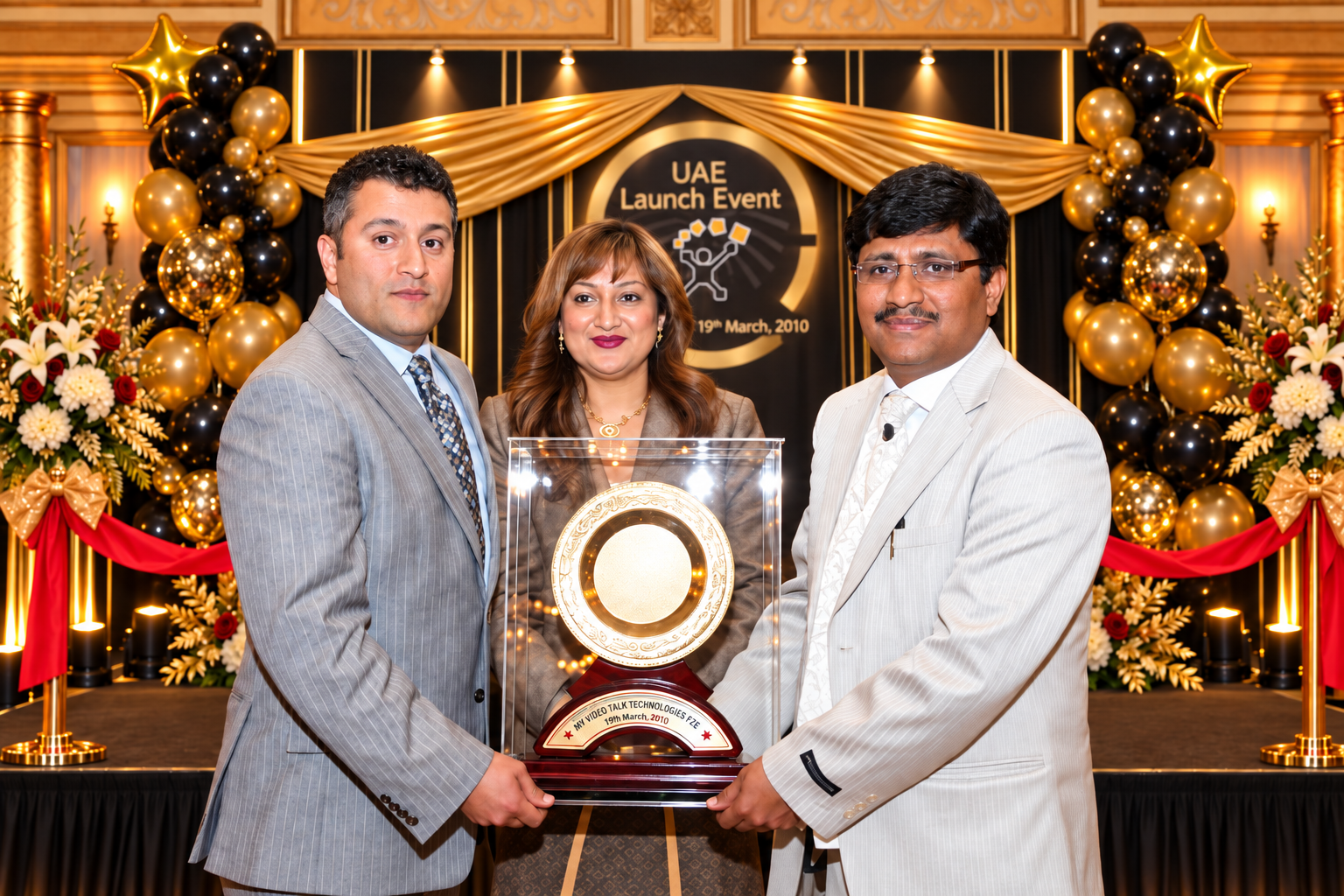 Mel Gill, Amie Gill, and Dr. E. Senthil Kumaran holding the Ten-Star trophy on stage at the UAE Launch Event, 19 March 2010