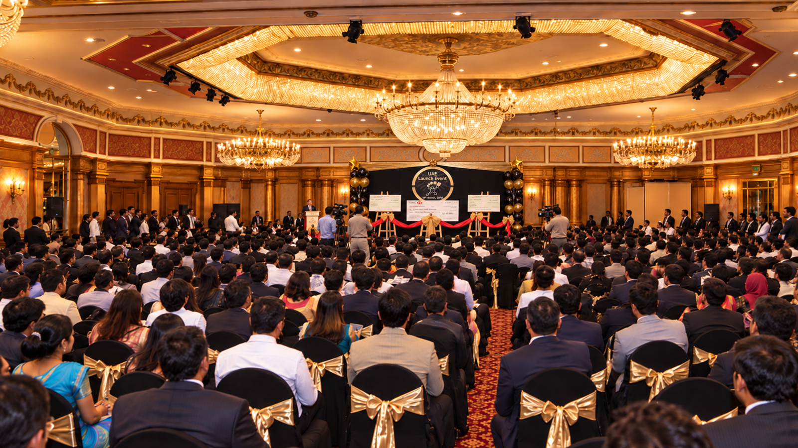 The Falcon Ballroom at Le Méridien Dubai, packed with thousands of attendees under gold chandeliers, facing the UAE Launch Event stage