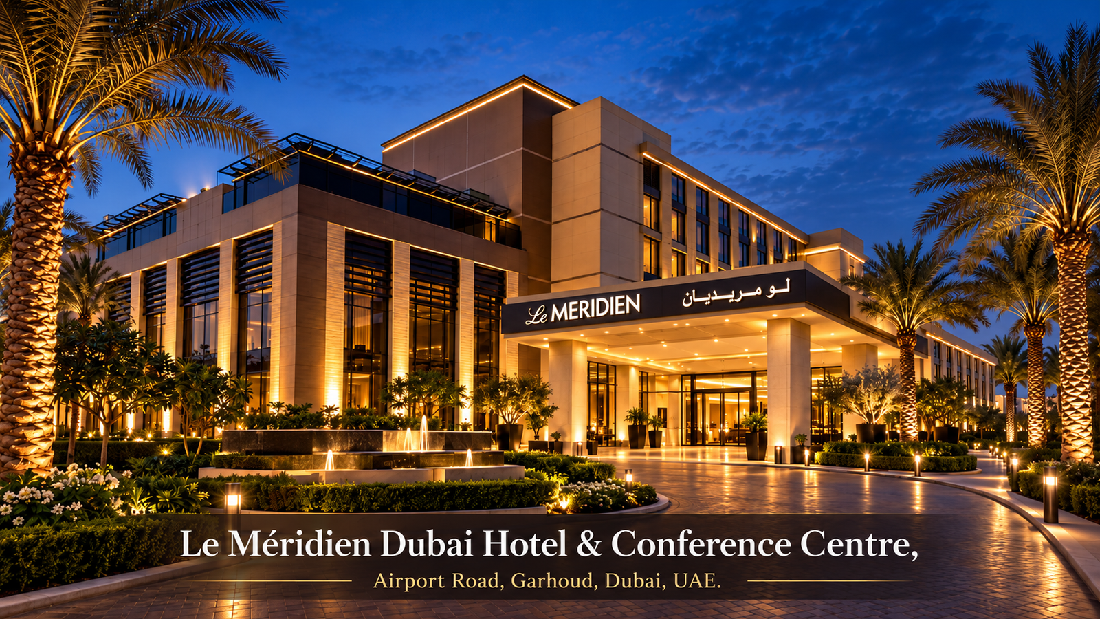 Le Méridien Dubai Hotel and Conference Centre illuminated at night, Airport Road, Garhoud