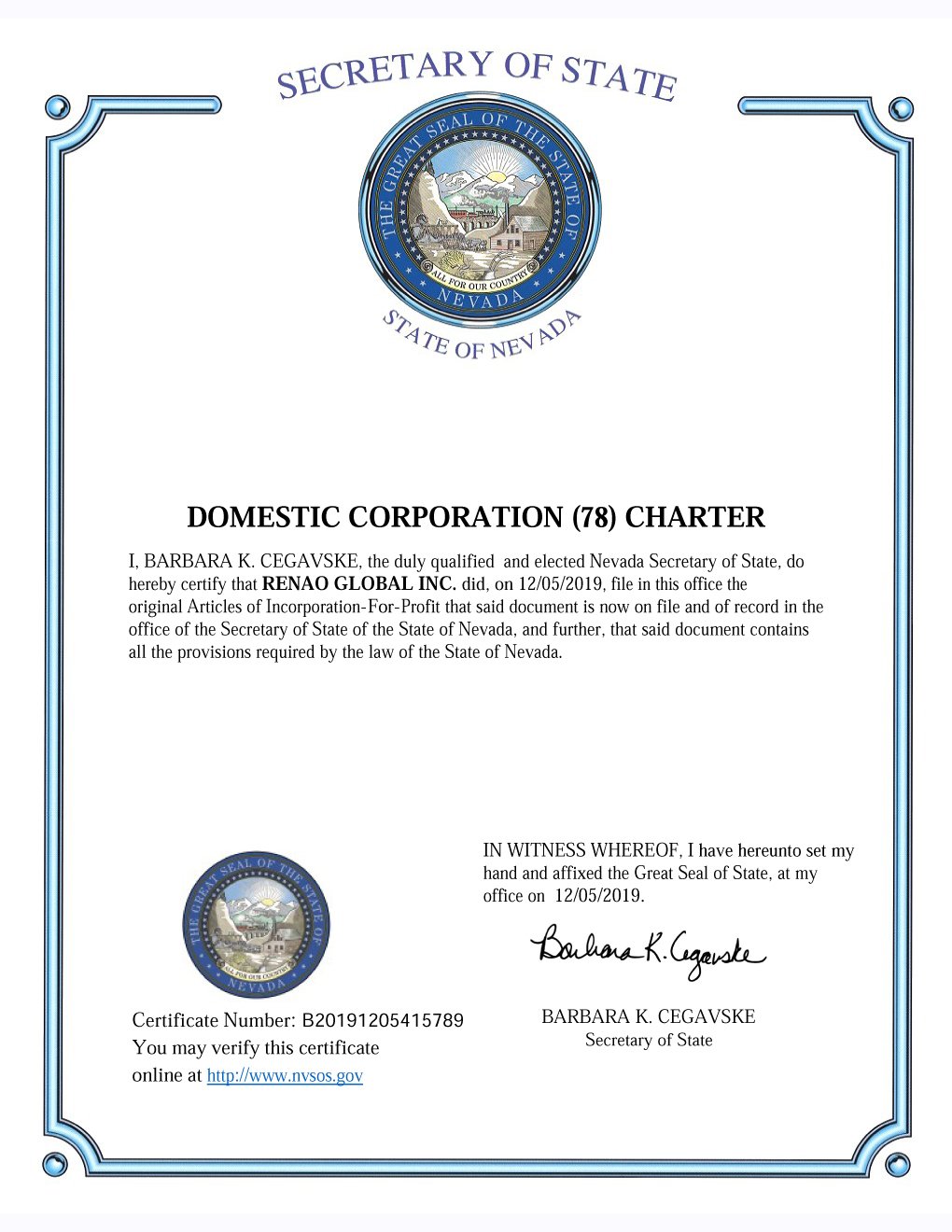 Domestic Corporation Charter