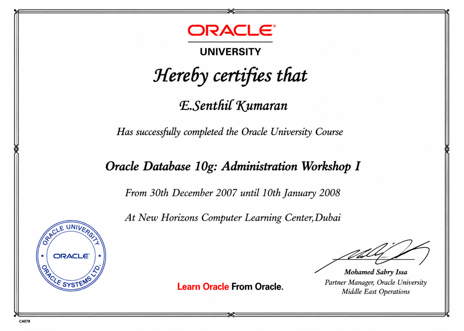 Oracle Database 10g: Administration Workshop I certificate