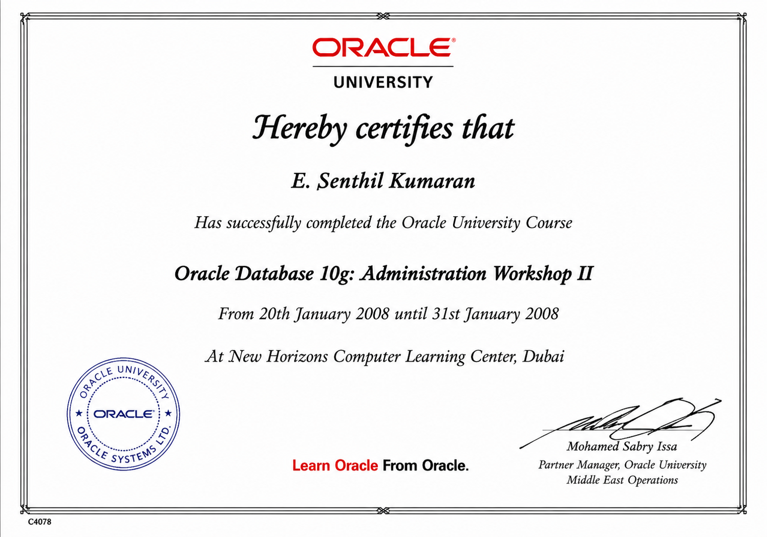 Oracle Database 10g: Administration Workshop II certificate