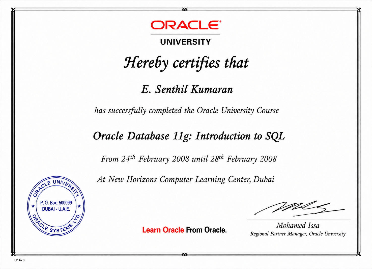Oracle Database 11g: Introduction to SQL certificate