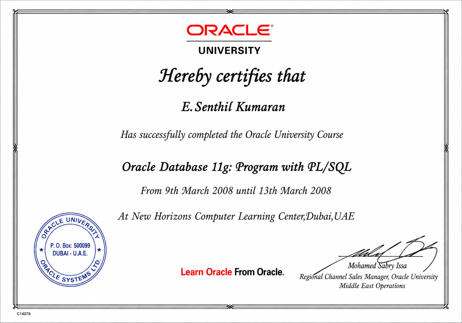 Oracle Database 11g: Program with PL/SQL certificate