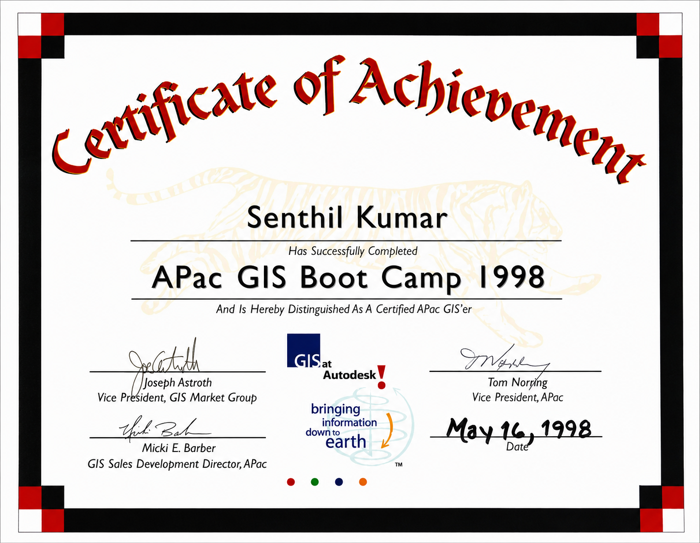 Autodesk APac GIS Boot Camp 1998 Certificate of Achievement — Senthil Kumar
