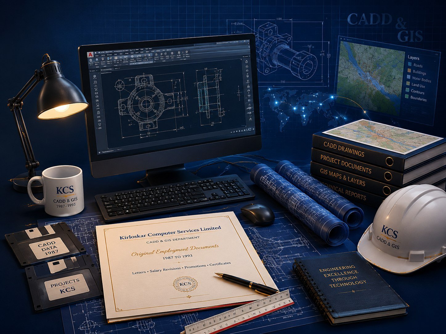 CADD and GIS workstation with technical drawings, KCS documents, and department memorabilia